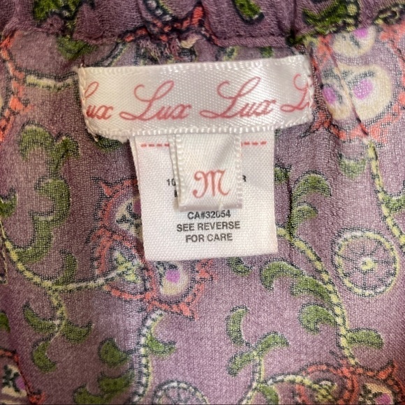 Anthropologie Lux Sheer Purple Floral Pullover Top w/Gold Embroidery Front Sz M - Picture 10 of 11